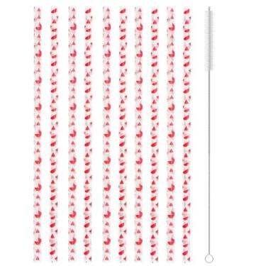 Imagem de 12 PÇS Palhinhas Reutilizáveis com Padrão de Melancia Vermelha, Canudos Pláticos Rígidos com Estampa de Frutas de 22 cm com Escova de Limpeza para Pote de Pedreiro Família ou Aniversário Decoração de