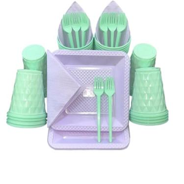 Imagem de Kit Festa Aniversario 180 Itens Candy Descartavel Diamante Premium C/Pratos Copos Garfinho Cor Pastel Azul Rosa Amarelo (Verde Lilás Candy)