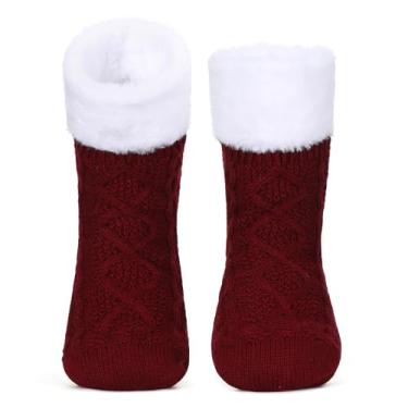 Imagem de Meias femininas de inverno com garras, aconchegantes e aconchegantes forradas de lã de lã grossa de lã de ovelha para uso interno, antiderrapante, presente de Natal, Borgonha, One Size