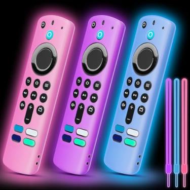 Imagem de Pacote com 3 capas de silicone para controle remoto compatível com FireTV Stick 4K/Alexa Voice Remote 3ª geração, capa protetora antiderrapante com cordão colorido que brilha no escuro (roxo brilhante
