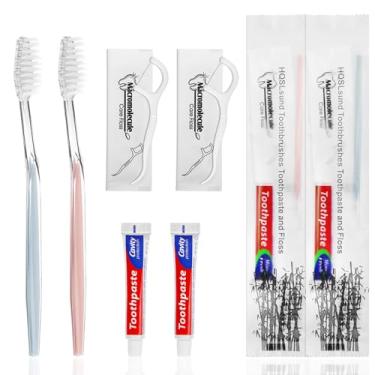 Imagem de HQSLsund Pacote com 200 escovas de dentes descartáveis com pasta de dente envolvida individualmente, escova de dentes de 2 cores, pasta de dente de 10 g, palheta de fio dental, kit de escova de dentes