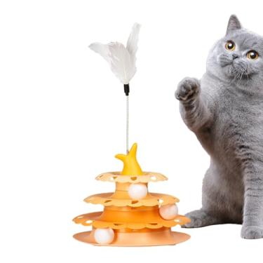 Imagem de Brinquedos interativos de penas para gatos – toca-discos para animais de estimação para alívio do tédio | Suprimentos para animais de estimação, rolo de brinquedo para gatinhos, pista de torre de bola