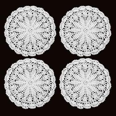 Imagem de 4 peças de toalhas de crochê para mesas, guardanapos vintage de 25 cm para móveis, toalha de mesa redonda de algodão de malha, borda ondulada, tapetes para cozinha, sala de jantar, decoração de
