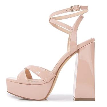 Imagem de YooPrettyz Sandália feminina de salto alto com plataforma de bico quadrado retrô com tiras para festa de formatura, Nude., 39