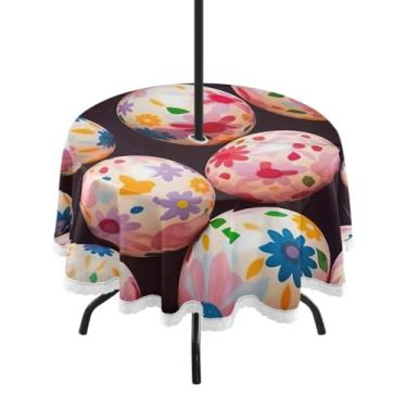 Imagem de Blueangle Toalha de mesa redonda de 152 cm à prova d'água com lindos ovos de Páscoa com orifício para guarda-chuva - Tecido resistente para todos os climas à prova de sol para pátio, acampamento