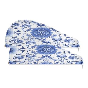 Imagem de SEHANY Bohemia Toalha de cabelo de microfibra flor azul para mulheres 2 peças turbantes de cabelo de secagem rápida com botão, touca de cabelo seco absorvente toalha de secagem de cabelo para cabelos