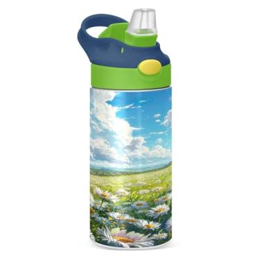 Imagem de Blueangle Garrafa de água de campo de margaridas de aço inoxidável isolada de 350 ml com tampa de canudo - Garrafa esportiva reutilizável à prova de vazamento para viagens, ao ar livre #229