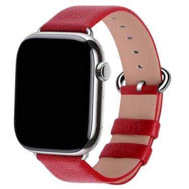 Imagem de Fullmosa Pulseiras de couro compatíveis com Apple Watch séries 11/10/9/8/7/6/5/4/3/2/1, Ultra3/2/1, SE3/2/1 de 49 mm, 46 mm, 45 mm, 44 mm e 42 mm, Ultra3/2/1, SE3/2/1, vermelho/prata