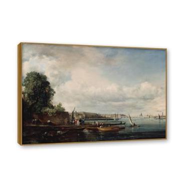 Imagem de Moldura de teca. Arte em tela romantismo estilo constável, (ponte Waterloo), pintura de paisagem inglesa emoldurada, decoração de parede elegante para sala de estar escritório. 60 x 84 cm - 23,6 x