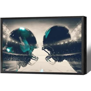 Imagem de Pôster American Football Clash Arte de parede em tela de campo de rúgbi azul-petróleo e azul estádio esportivo impressão estética pintura para sala de estar quarto apartamento academia decoração de