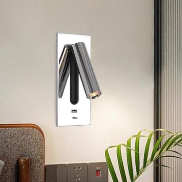 Imagem de GZZBMY Lâmpadas de parede LED com porta de carregamento USB Arandela com interruptor Iluminação de parede 350° Luzes de leitura rotativas para sala de estar Escada Quarto Lâmpada de cabeceira (prata