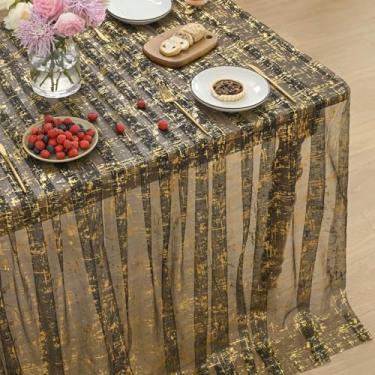 Imagem de Horaldaily Toalha de mesa retangular de gaze dourada preta 132 x 187 cm, capa de mesa de malha fina com glitter dourado, gaze de tule transparente para festa de casamento e chá de bebê