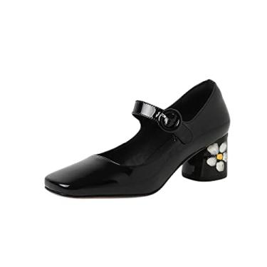 Imagem de TinaCus Sapato feminino de couro envernizado de bico quadrado feito à mão com fivela pintada de flor salto médio Mary Jane, Preto, 37