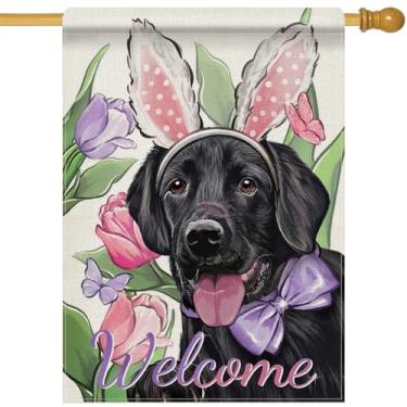 Imagem de Dyrenson Welcome Easter Black Labrador Dog 28 x 40 bandeira de casa dupla face, tulipa flor jardim decoração quintal dono de animal de estimação presente amante presente, primavera serapilheira