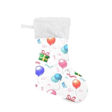 Imagem de Wassud Meia de Natal fofa com balões coloridos de punho branco 45,7 cm grande para decoração de lareira de lareira 1 pacote