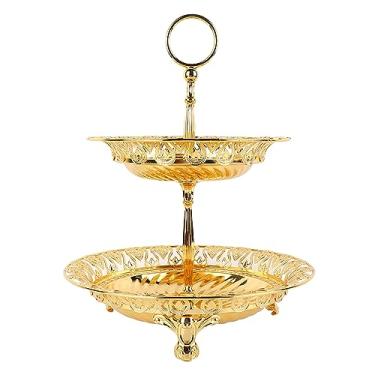 Imagem de Prato de frutas de 2 camadas de metal redondo banhado a ouro lindo prato de servir cupcake para decoração de casamento em casa Material de liga elegante fundo estável fácil de