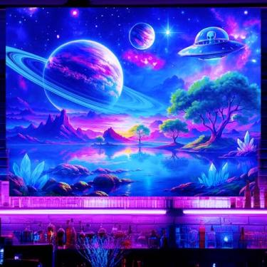 Imagem de BlissYard Tapeçaria Neon Space Planets Luz Negra UV Reativo Psicodélico Alienígena UFO para pendurar na parede para sala de estar, quarto, dormitório, bar, decoração de festa 198 x 159 cm