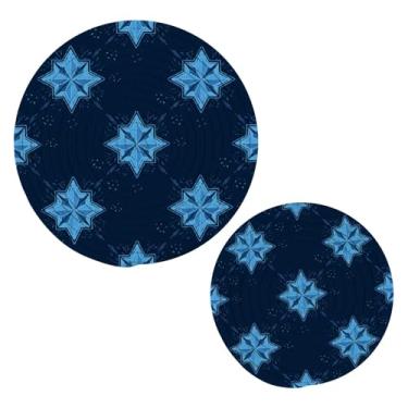 Imagem de Wassud Conjunto de trivet com estrelas geométricas azuis para pratos quentes, suportes de panela redondos, almofadas quentes de algodão, porta-copos resistentes ao calor para decoração de cozinha
