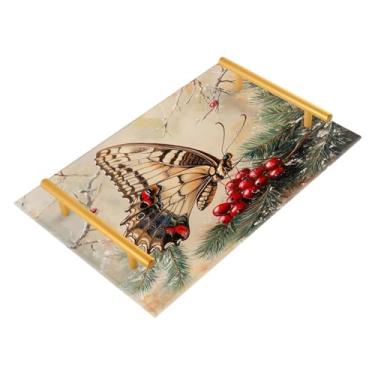 Imagem de CEBUGI Borboleta com asas ornamentadas, bandeja decorativa de mesa de café, bandeja otomana com almofada antiderrapante bandeja de servir com alças douradas para banheiro, sala de estar, 20 x 30 cm