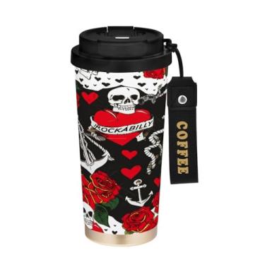 Imagem de STAYTOP Copo de café de aço inoxidável de 500 ml, caneca de café de viagem com isolamento de caveira e rosa com tampa, xícara de café à prova de derramamento, copos portáteis reutilizáveis para