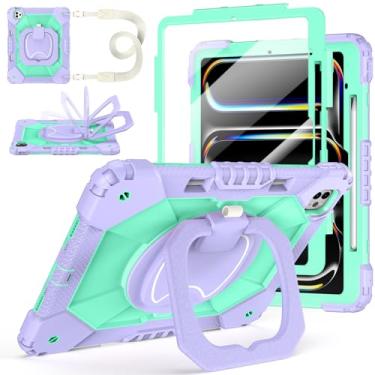 Imagem de Capa para iPad Pro 13 polegadas M5 2025 / M4 2024, Auorld para iPad Pro 13 polegadas M5 2025 com protetor de tela, suporte giratório de 360 graus, alça de ombro, suporte para lápis, roxo menta