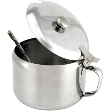 Imagem de Açucareiro de Aço Inox 420ml com Colher Tampa Articulada e Alça Multifuncional para Cozinha Casa Café Chá Mesa Posta Resistente Durável Prático Elegante