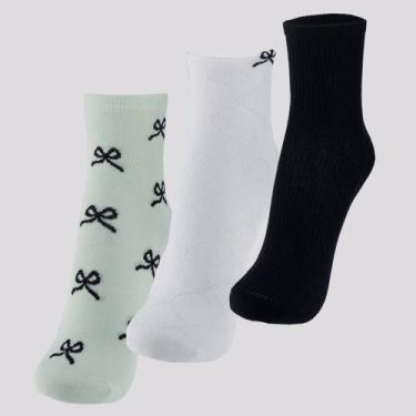 Imagem de Kit Meia Selene 3 Pares Soquete Feminino Verde Preta e Branca, 34-39