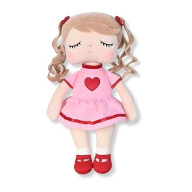 Imagem de Boneca de Pano Ângela Tica 33cm, Rosa e Vermelho, Vestido com Coração, Material Macio e Seguro, Ideal para Dormir