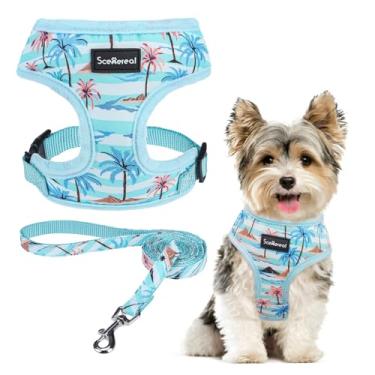 Imagem de SCENEREAL Conjunto de coleira e coleira para cães pequenos – arnês para cães pequenos e médios – colete de malha macia para filhotes, chihuahua, yorkie, primavera, verão, caminhada, coqueiro, PP