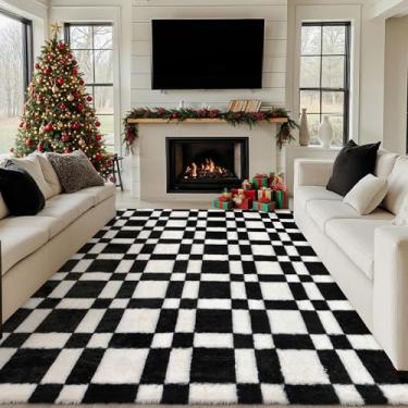 Imagem de HUGEAR Tapete quadriculado 20 x 25 cm para sala de estar, preto e branco, moderno, lavável, tapete de área grande, supermacio, tapete felpudo fofo, aspirável, para quarto, decoração de casa