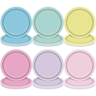 Imagem de 48 peças de pratos de papel pastel – Pratos de sobremesa descartáveis cor macaron de 17 cm em rosa, azul, amarelo, verde, roxo e rosa claro para festas de aniversário, chás de bebê, casamentos e