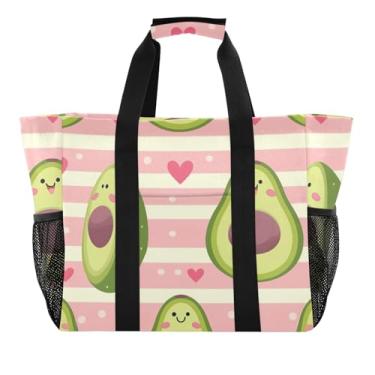 Imagem de ODAWA Bolsa de praia lavável com listras pastel de abacate divertida, bolsa leve para academia e compras de supermercado, Listras pastéis engraçadas de abacate, One Size
