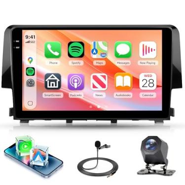Imagem de Rádio estéreo automotivo 4 núcleos 4G + 128 G para Honda Civic 2016-2021, sem fio Carplay Android Auto, 5G WiFi + GPS, rádio com tela sensível ao toque embutida de 9 polegadas para Civic, câmera de