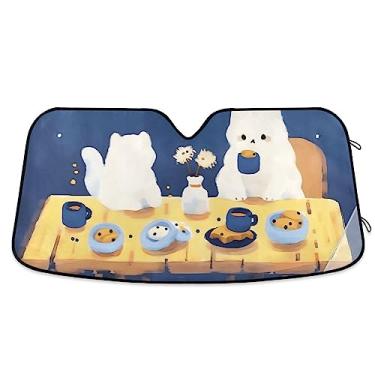 Imagem de Viseiras de sol de carro de cachorro branco comendo giz de cera de desenho animado para para-brisas, persianas de janela de carro, para para-brisas de carro