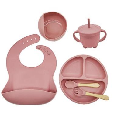 Imagem de Kit Refeição Bebê Silicone Colher Pratinho Babador Infantil Ventosa 6 