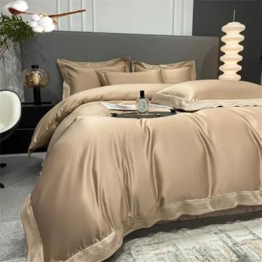 Imagem de Conjunto de cama simples em algodão branco com bordado, incluindo capa de edredom de casal, lençóis e fronhas, na cor champanhe dourado, com lençol de baixo de 1,8 MB.