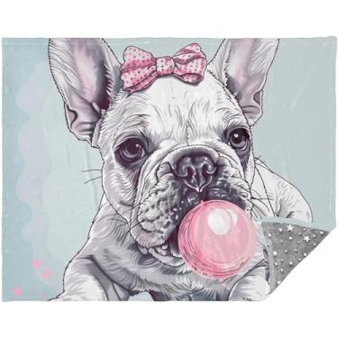Imagem de Cobertores grandes engraçados personalizados de buldogue francês para sofá, cobertores supermacios de sofá para mulheres, presente 177,8 cm x 139,7 cm, cobertor xadrez estético