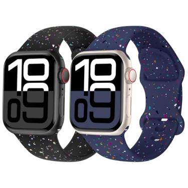 Imagem de Pacote com 2 pulseiras esportivas compatíveis com Apple Watch de 38 mm, 40 mm, 41 mm, 42 mm, 44 mm, 45 mm, 46 mm e 49 mm, adequada para séries 11 10 9 8 7 6 5 4 3 SE, homens e mulheres. (preto/azul
