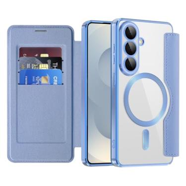 Imagem de Asdsinfor Capa flip para Samsung S26 capa de couro transparente galvanizada resistente 360 proteção sem fio com compartimento para cartão antideslizante capa carteira para Samsung Galaxy S26. JD azul