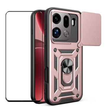 Imagem de CNPUTAO Capa para Oppo Find X9 Pro 5G com protetor de tela de vidro temperado, janela deslizante para câmera, suporte, capa de telefone de camada dupla antiarranhões à prova de choque, ouro rosa