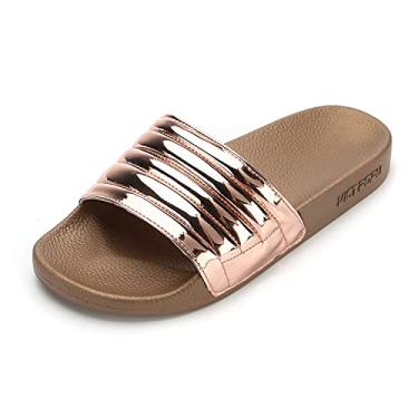 Imagem de VICT POPU Chinelo feminino confortável de praia, piscina, academia, casa, interior e exterior, moderno, antiderrapante, PU, sem salto, sandálias, Ouro rosa, 7