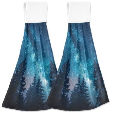 Imagem de TSENQUE Toalhas de mão personalizadas de céu noturno estrelado floresta cozinha com laços para pendurar toalhas de gravata de forno conjunto de 2 toalhas de secagem de cozinha macias e absorventes