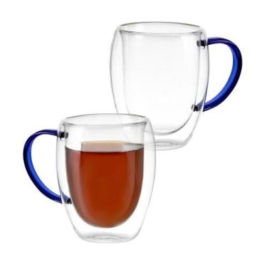 Imagem de Conjunto de 2 Xícaras em Vidro Borossilicato Duplo Isolante 350ml Azul