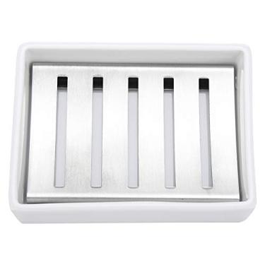 Imagem de QANYEGN Prato de sabonetes, suporte de caixa de sabonetes de aço inoxidável, recipiente de sabonetes de cerâmica retangular para chuveiro, balcão de banheiro, pia de cozinha