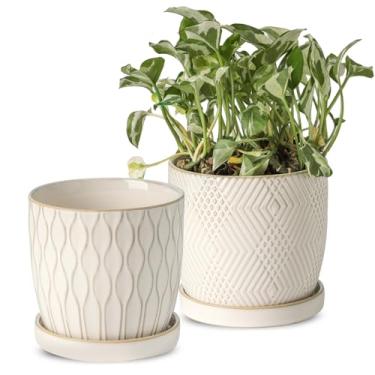 Imagem de Nihow Vasos de cerâmica para plantas – vasos de 12 cm para plantas de interior, vasos de flores em relevo com orifício de drenagem e pires, vasos pequenos para suculentas, cactos, cobrinhas, conjunto