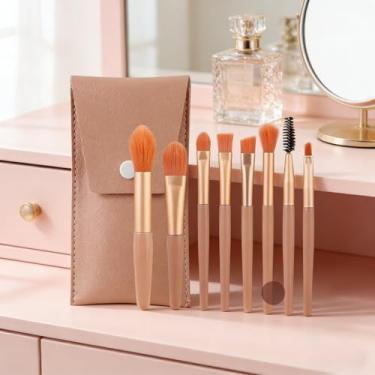 Imagem de Conjunto de 8 pincéis de maquiagem com bolsa de armazenamento, pincéis de base sintética, pincéis de pó e mistura para sombra, corretivo, blush e maquiagem facial laranja