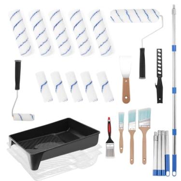 Imagem de ETERNA Kit de rolo de pintura com haste de extensão, 25 peças suprimentos de pintura com bandeja e forros de tinta, 23 cm + 10 cm, capas e molduras de rolo de tinta, pincéis de tinta, faca de massa