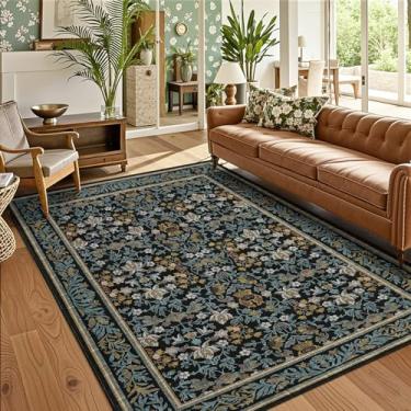 Imagem de GarveeHome Tapetes laváveis para sala de estar, boho vintage, antiderrapante, resistente a manchas, interior macio, grande, para quarto, sala de jantar, escritório, azul e preto