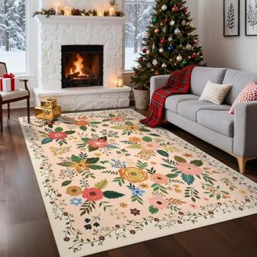 Imagem de GarveeHome Tapetes de área 20 x 25 cm Boho Floral Antiderrapante Pelo Baixo Lavável à Máquina Tapete Grande para Sala de Estar, Quarto, Casa de Fazenda, Sala de Jantar, Sala de Jogos Infantil, Rosa