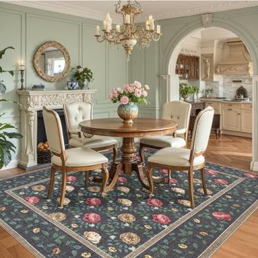 Imagem de GarveeHome Tapetes de área de 15 x 23 cm, lavável, cinza escuro, boêmio, floral, antiderrapante, resistente a manchas, vintage, estampa botânica, tapete macio para quarto, sala de jantar, berçário